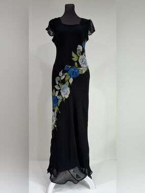 Vtg American Angel Black Blue Floral Beaded Maxi Dress Sz M Y2K Formal